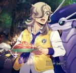  1boy arven_(pokemon) blurry blurry_background brown_hair commentary_request flag food green_eyes highres holding holding_plate kurimilove long_hair looking_to_the_side mabosstiff male_focus miraidon necktie open_mouth plate pokemon pokemon_(creature) pokemon_(game) pokemon_sv purple_necktie sandwich shirt sparkle sweatdrop teeth tongue upper_teeth_only vest white_shirt yellow_vest 