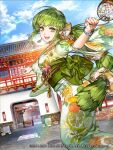  1girl green_eyes green_hair japanese_clothes jewelry kimono long_hair looking_at_viewer multi-tied_hair niji2468 official_art open_mouth saga smile solo very_long_hair virginia_knights 