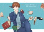  1boy book brown_hair character_name collared_shirt hakuba_saguru happy_birthday long_sleeves looking_at_viewer magic_kaito male_focus pants parted_lips red_eyes shirt simple_background smile solo yumashiki 