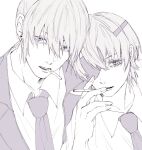  1boy 1girl bangs chainsaw_man cigarette collared_shirt earrings eyepatch formal hair_between_eyes hayakawa_aki himeno_(chainsaw_man) holding holding_cigarette jewelry looking_at_viewer monochrome necktie okarie open_mouth shirt short_hair simple_background smoking stud_earrings suit suit_jacket white_background white_hair white_shirt 