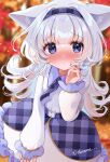  1girl animal_ear_fluff animal_ears blue_eyes blue_hairband blurry blurry_background blush closed_mouth collared_shirt commentary_request commission depth_of_field dress_shirt grey_hair hairband hand_up long_hair long_sleeves looking_at_viewer masshirokachi nose_blush original plaid puffy_long_sleeves puffy_sleeves shirt skeb_commission skirt solo twitter_username very_long_hair white_shirt white_skirt 