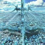  absurdres aircraft airship blue_sky building city clouds highres mountain no_humans original science_fiction sky skyscraper tajima_haruki 