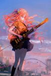  1girl bangs blue_eyes bocchi_the_rock! clouds cube_hair_ornament electric_guitar floating_hair gibson_les_paul gotou_hitori grey_skirt guitar hair_ornament highres holding holding_instrument instrument kirrrara long_hair one_side_up outdoors pink_hair pleated_skirt shirt skirt sky solo standing 