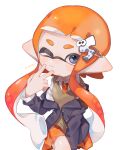  1girl bangs black_jacket brown_sweater_vest collared_shirt grey_eyes highres inkling inkling_girl jacket long_sleeves looking_at_viewer mikoshiba_m necktie one_eye_closed orange_hair orange_necktie orange_skirt pointy_ears school_uniform shirt simple_background skirt smile splatoon_(series) sweater_vest tentacle_hair v white_background white_shirt 