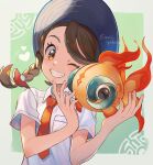  1girl blue_headwear border braid breast_pocket brown_eyes brown_hair chi-yu_(pokemon) collared_shirt commentary_request eyelashes green_background grin hands_up hat heart janis_(hainegom) juliana_(pokemon) necktie notice_lines one_eye_closed orange_necktie pocket pokemon pokemon_(creature) pokemon_(game) pokemon_sv shirt short_sleeves smile teeth twitter_username white_border white_shirt 