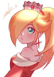  1girl blonde_hair blue_eyes crown dress earrings hair_over_one_eye highres jewelry long_hair looking_at_viewer nonoworks off-shoulder_dress off_shoulder parted_lips ponytail red_dress rosalina signature single_earring solo star_(symbol) star_earrings super_mario_bros. super_mario_galaxy white_background 