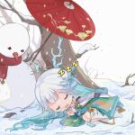  1girl chibi full_body japanese_clothes long_hair official_art onmyoji shiki_(onmyoji) sleeping snowman solo very_long_hair white_hair 