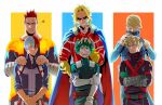  6+boys :d all_might artist_name bakugou_katsuki bangs belt best_jeanist black_bodysuit blonde_hair blue_bodysuit blue_cape blue_eyes blue_jacket blue_pants bodysuit boku_no_hero_academia brown_belt brushing_another&#039;s_hair brushing_hair cape clenched_teeth closed_mouth cowboy_shot elbow_gloves endeavor_(boku_no_hero_academia) facial_hair gloves green_bodysuit green_gloves green_hair grin hand_on_own_arm hands_on_another&#039;s_shoulders height_difference highres jacket long_sleeves looking_at_another midoriya_izuku multicolored_background multicolored_hair multiple_boys one_eye_closed own_hands_together pants pouch red_bodysuit red_cape redhead shaded_face shiny shiny_hair short_hair smile squiggle stubble swept_bangs teeth todoroki_shouto trevo_(trevoshere) two-sided_cape two-sided_fabric two-tone_hair white_gloves white_hair yagi_toshinori 
