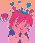  !? 1girl :o bangs blue_hair blush brown_background copyright_request hands_up heart heart_in_eye highres layered_sleeves long_sleeves medium_hair menma_(enaic31) multicolored_eyes multicolored_hair nail_polish open_mouth outline pink_background pink_eyes pink_hair pink_nails shirt short_over_long_sleeves short_sleeves solo speech_bubble symbol_in_eye two-tone_hair upper_body white_outline white_shirt 