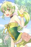  1girl bare_shoulders black_choker choker green_eyes green_hair hair_ribbon jewelry long_hair looking_at_viewer multi-tied_hair okotamiak open_mouth ponytail ribbon saga saga_frontier_2 shorts smile solo very_long_hair virginia_knights 