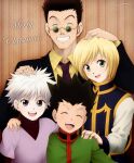  4boys black_hair blonde_hair blue_eyes closed_eyes glasses gon_freecss green_eyes hand_on_another&#039;s_shoulder hands_on_another&#039;s_head hunter_x_hunter killua_zoldyck kurapika laurapaladiknight leorio_paladiknight long_sleeves looking_at_viewer male_child male_focus merry_christmas multiple_boys necktie short_hair smile spiky_hair teeth upper_teeth_only white_hair 