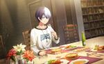 1boy alcohol aoyagi_touya blue_hair chair colorful_palette cup flower grey_eyes highres holding holding_cup jewelry necklace official_art project_sekai shirt smile white_shirt 