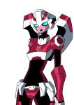  1girl arcee autobot blue_eyes breasts curvy highres humanoid_robot medium_breasts nicklunatique panties pink_panties red_lips robot simple_background solo transformers transformers_animated underwear white_background 