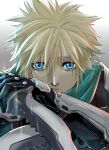  1boy aiz00 armor blonde_hair blue_eyes close-up cloud_strife crisis_core_final_fantasy_vii eyelashes final_fantasy final_fantasy_vii gloves green_scarf hands_up highres holding holding_knife holding_weapon knife looking_at_viewer male_focus parted_lips scarf shinra_infantry_uniform shoulder_armor solo spiky_hair upper_body weapon 