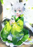  1girl absurdres ahoge animal_ears bangs blue_eyes braid cup falling_leaves fox_ears fox_girl fox_tail frilled_kimono frills full_body green_kimono green_tea grey_background highres holding holding_cup hololive japanese_clothes kimono leaf long_hair looking_at_viewer obi open_mouth sash seiza shigureszku shirakami_fubuki simple_background sitting smile solo tail tea thigh-highs virtual_youtuber white_hair white_thighhighs wide_sleeves wooden_floor 