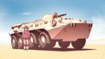  actinium89 armor bocchi_the_rock! btr-80 cube_hair_ornament day full_body gotou_hitori hair_between_eyes hair_ornament highres long_hair military military_uniform military_vehicle one_side_up outdoors pink_hair soldier standing uniform vehicle_request 