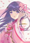  1girl arm_at_side bangs bare_shoulders blunt_bangs blurry blurry_background blush cherry_blossoms commentary depth_of_field detached_sleeves falling_petals floating_hair flower gradient gradient_background grey_background hair_flower hair_ornament hair_ribbon hair_tucking hand_up highres japanese_clothes jewelry kamikawa_celery kimono light_smile long_hair long_sleeves looking_at_viewer necklace obi obijime official_alternate_costume parted_lips pearl_necklace petals pink_flower pink_kimono purple_hair red_ribbon ribbon sash shoujo_kageki_revue_starlight shoujo_kageki_revue_starlight_-re_live- sleeveless sleeveless_kimono solo tassel tsuyuzaki_mahiru upper_body violet_eyes wide_sleeves 