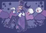  1boy ben-day_dots boo_(mario) branch brooch brown_hair cape clouds crescent_moon facial_hair fangs ghost gloves halloween hat highres jewelry long_sleeves loveycloud male_focus moon mustache open_mouth pointy_ears purple_background screentones smile super_mario_bros. top_hat vampire_costume waistcoat waluigi white_gloves 