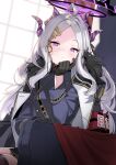  1girl armband black_gloves blue_archive blush chair duplicate forehead gloves grey_hair hair_ornament halo highres hina_(blue_archive) horns jacket kanzarin looking_at_viewer military military_uniform pixel-perfect_duplicate sitting solo uniform violet_eyes white_hair window 