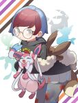  1girl backpack bag bangs blue_hair blush brown_bag closed_mouth commentary_request glaceon glasses grey_eyes grey_pantyhose highres holding holding_pokemon hood hoodie leafeon leaning_forward long_sleeves multicolored_hair pantyhose penny_(pokemon) poke_ball_print pokemon pokemon_(creature) pokemon_(game) pokemon_sv redhead round_eyewear sakurami_sumi see-through see-through_skirt skirt sleeves_past_wrists sylveon two-tone_hair umbreon vaporeon 