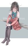  001machi 1girl absurdres alternate_costume bare_shoulders black_hair black_thighhighs christmas crossed_legs detached_sleeves full_body hair_over_one_eye hair_ribbon hayashimo_(kancolle) highres kantai_collection long_hair merry_christmas parted_lips ribbon santa_costume solo thigh-highs violet_eyes white_ribbon 