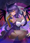  1girl animal_ears artist_request cat_ears cat_girl cat_tail choker dragon dragon_girl dragon_wings gloves highres indie_virtual_youtuber jewelry kimochi_(vtuber) long_hair looking_at_viewer monster_girl multicolored_hair necklace open_mouth purple_hair simple_background single_glove tail thighs wings yellow_eyes 
