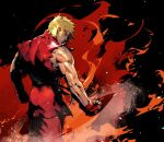  1boy bare_shoulders black_background blonde_hair clenched_hand cofffee dougi fiery_background fingerless_gloves fire from_behind gloves ken_masters looking_to_the_side male_focus muscular muscular_male pants red_gloves red_pants red_shirt shirt short_hair solo street_fighter torn_clothes torn_sleeves 