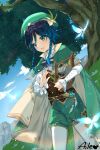  1boy :d aile_(crossroads) animal beret blue_eyes blue_hair blue_sky braid bug butterfly cape center_frills clouds commentary_request day frills genshin_impact green_cape green_headwear green_shorts harp hat highres holding holding_instrument instrument legwear_under_shorts long_hair male_focus outdoors pantyhose puffy_shorts shirt short_shorts shorts signature sky smile solo standing tree twin_braids venti_(genshin_impact) white_pantyhose white_shirt 