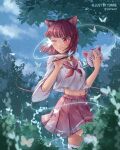  bell bug butterfly closed_mouth highres navel one_eye_closed original pink_hair pink_skirt plant red_eyes shirt short_hair skirt tree twitter_username white_shirt yunre_(yunreart) 
