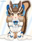  1girl animal_ear_fluff animal_ears blush brown_eyes brown_hair chipmunk_ears chipmunk_girl chipmunk_tail extra_ears gloves highres kemono_friends kemono_friends_v_project kneehighs looking_at_viewer microphone multicolored_hair open_mouth ribbon satono_yuki scarf shirt short_hair shorts siberian_chipmunk_(kemono_friends) simple_background socks solo tail vest virtual_youtuber 