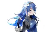  1girl aisutabetao black_sweater blue_eyes blue_gloves blue_hair blush closed_mouth elbow_gloves fingerless_gloves fire_emblem fire_emblem_awakening floating_hair gloves hair_over_one_eye highres long_sleeves looking_at_viewer lucina_(fire_emblem) one_eye_covered ribbed_sweater simple_background smile solo sweater tiara turtleneck turtleneck_sweater upper_body white_background 
