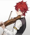  1boy amagi_rinne armlet black_vest blue_eyes closed_mouth collared_shirt earrings ensemble_stars! eyokiki holding holding_instrument instrument jewelry long_sleeves looking_at_viewer male_focus music playing_instrument redhead ring shirt short_hair simple_background smile vest violin white_shirt 