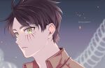  1boy bangs blurry blurry_background brown_hair brown_jacket eren_yeager facial_mark gradient gradient_background green_eyes grey_background highres jacket looking_at_viewer looking_to_the_side male_focus parted_bangs parted_lips shingeki_no_kyojin short_hair skeleton solo totemonemuuui upper_body 