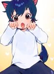  1boy ame_(ookami_kodomo) animal_ears bangs blue_hair brown_eyes child commentary english_commentary heart highres long_sleeves looking_at_viewer male_child male_focus ookami_kodomo_no_ame_to_yuki open_mouth shirt short_hair smile tail thebrushking white_shirt wolf_boy wolf_cub wolf_ears 