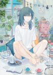  1boy bangs barefoot blue_eyes blue_hair blue_pants book closed_mouth cookie cup flower food highres iei000 indoors looking_at_viewer medium_hair open_book original pants plant plate potted_plant shirt short_sleeves sitting solo tagme white_shirt window 