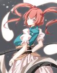  1girl bangs black_background closed_mouth ghost hair_bobbles hair_ornament holding holding_scythe jyaoh0731 long_hair looking_at_viewer looking_back onozuka_komachi puffy_short_sleeves puffy_sleeves red_eyes redhead sash scythe short_sleeves solo touhou twintails 