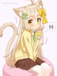 1girl absurdres ahoge animal_ear_fluff animal_ears artist_name bangs between_legs blonde_hair blush bow brown_skirt cardigan cat_ears cat_girl cat_tail closed_mouth collared_shirt commentary_request cushion dot_mouth fish_hair_ornament flat_chest green_eyes green_necktie hair_bow hair_ornament hairclip hand_between_legs have_to_pee hazakura_hinata heterochromia highres legs_together long_hair long_sleeves looking_at_viewer miniskirt necktie original pantyhose plaid plaid_skirt pleated_skirt school_uniform shiny shiny_hair shirt sidelocks signature simple_background sitting skirt solo sweat tail tail_raised thought_bubble translation_request v_arms white_background white_pantyhose white_shirt yellow_bow yellow_cardigan