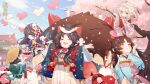  black_hair blush box chibi flower full_body heart-shaped_box highres holding holding_flower official_art onmyoji open_mouth paper_doll pink_flower pink_rose rose smile valentine white_hair yuki_onna_(onmyoji) 