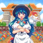 1girl :d black_headwear blue_hair chimecho commission commissioner_upload flower food frills fruit highres hinanawi_tenshi holding holding_pokemon leaf long_hair looking_at_viewer open_mouth peach pmx pokemon pokemon_(creature) red_eyes shirt short_sleeves skeb_commission skirt smile swablu touhou 