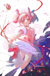 1girl abstract_background absurdres blush bow bow_(weapon) commentary dress full_body hair_bow highres holding holding_bow_(weapon) holding_weapon jumping kaname_madoka kikinoki kneehighs looking_at_viewer looking_back mahou_shoujo_madoka_magica parted_lips petals pink_bow pink_dress pink_eyes pink_footwear pink_hair purple_background red_ribbon ribbon socks solo soul_gem twintails twisted_torso weapon white_background white_socks 