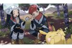  1boy 1girl :d absurdres akari_(pokemon) amatsumi_(amttm23) black_hair black_shirt closed_eyes commentary_request day eating eyelashes food grass grey_pants hat highres holding holding_poke_ball jacket letterboxed open_mouth outdoors pants pikachu poke_ball poke_ball_(legends) pokemon pokemon_(creature) pokemon_(game) pokemon_legends:_arceus ponytail red_headwear red_scarf rei_(pokemon) scarf shirt sidelocks smile squatting tree 