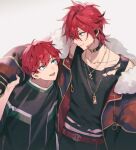  2boys amagi_hiiro amagi_rinne arm_around_shoulder bangs blue_eyes brothers coat collarbone earrings ensemble_stars! eyokiki fur_trim hair_between_eyes headphones jewelry long_sleeves looking_at_another male_focus multiple_boys necklace off_shoulder open_clothes open_coat open_mouth redhead short_hair siblings simple_background smile teeth torn_clothes white_background 