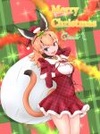  1girl animal_ear_fluff animal_ears blue_eyes caracal_(kemono_friends) caracal_ears christmas christmas_present dress elbow_gloves gift gloves hat highres kemono_friends kemono_friends_v_project long_hair looking_at_viewer microphone nokemono-san_(bocchi_friend) open_mouth orange_hair ribbon santa_dress santa_hat simple_background solo tail virtual_youtuber 