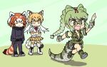  3girls :d animal_ears animal_print arm_up bangs black_pantyhose blonde_hair boots bow bowtie braid brown_hair chibi closed_eyes closed_mouth collared_vest commentary_request crocodilian_tail crossed_arms elbow_gloves extra_ears full_body fur_collar glasses gloves green_eyes green_hair hair_bow holding kemono_friends kemono_friends_2 legs_apart leopard_(kemono_friends) leopard_ears leopard_girl leopard_print leopard_tail lesser_panda_(kemono_friends) long_hair long_sleeves looking_at_another medium_hair miniskirt multicolored_hair multiple_girls open_mouth outstretched_arm over-rim_eyewear pantyhose pantyhose_under_shorts pleated_skirt print_gloves print_skirt print_thighhighs red_panda_ears red_panda_tail running semi-rimless_eyewear shirt shoes short_shorts short_sleeves shorts shorts_under_shorts sidelocks skirt smile spectacled_caiman_(kemono_friends) spiked_gloves spiked_shoes spikes srd_(srdsrd01) standing sweater tail thigh-highs twintails v-shaped_eyebrows vest white_hair white_shirt yellow_eyes zettai_ryouiki 