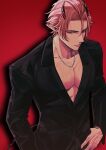 1boy arknights bangs bishounen black_suit feet_out_of_frame formal from_above hair_between_eyes highres horns kharu11 male_focus no_shirt parted_bangs pectoral_cleavage pectorals pink_hair pointy_ears solo suit theresis_(arknights) veins veiny_hands