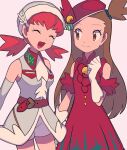  2girls :d armlet bangs bare_shoulders belt brown_eyes brown_hair clenched_hand closed_eyes closed_mouth commentary_request dress eyelashes gloves hand_up hat highres jasmine_(holiday_2022)_(pokemon) jasmine_(pokemon) long_hair multiple_girls official_alternate_costume one_side_up open_mouth pokemon pokemon_(game) pokemon_masters_ex red_dress red_headwear shorts smile tongue twintails tyako_089 white_gloves white_shorts whitney_(holiday_2022)_(pokemon) whitney_(pokemon) 