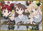 3girls actas_(studio) aki_(girls_und_panzer) bangs bell blue_headwear blue_jacket blue_shirt blunt_bangs border brown_border brown_eyes brown_hair candy candy_cane christmas christmas_ornaments christmas_tree closed_mouth commentary_request dress_shirt english_text food girls_und_panzer green_eyes grin hair_tie hat highres jacket keizoku_military_uniform keizoku_school_uniform light_brown_hair long_hair long_sleeves looking_at_viewer low_twintails media_factory merry_christmas mika_(girls_und_panzer) mikko_(girls_und_panzer) military military_uniform multiple_girls open_mouth raglan_sleeves rareoil_birth reaching_towards_viewer red_eyes redhead school_uniform shirt short_hair short_twintails side-by-side smile snow snowing star_ornament striped striped_shirt track_jacket tulip_hat twintails uniform vertical-striped_shirt vertical_stripes very_long_hair white_shirt wing_collar zipper