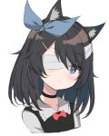  1girl animal_ears bandage_over_one_eye black_choker black_hair black_sweater_vest blue_eyes cat_ears cat_girl choker expressionless highres kuroha_eve original satou_(3366_s) shirt short_hair simple_background sweater_vest white_background white_shirt 