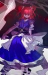  1girl asuku_(69-1-31) bangs black_background blue_dress closed_mouth coin dress hair_bobbles hair_ornament highres holding holding_scythe looking_at_viewer onozuka_komachi red_eyes redhead sash scythe short_hair short_sleeves smile solo standing touhou two_side_up 