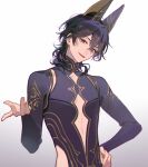  1boy animal_ears bangs black_hair detached_sleeves earrings ensemble_stars! eyokiki fake_animal_ears hair_between_eyes jewelry long_hair long_sleeves looking_at_viewer male_focus open_mouth red_eyes sakuma_rei_(ensemble_stars!) simple_background single_earring smile 